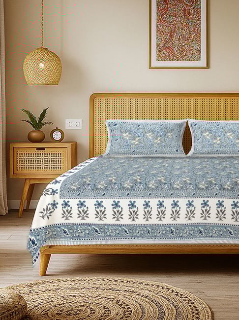 Urban Space Rangrez Blue Cotton Jaipuri Handblock Printed 200 TC King Bedsheets with 2 Pillow Covers-picture-37
