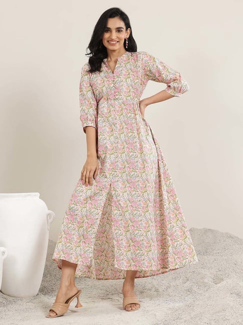 Libas Pink Cotton Regular Fit Floral Print Ethnic Dress
