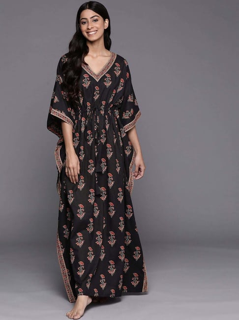 Libas Black Regular Fit Floral Print Kaftan Night Dress-picture-13