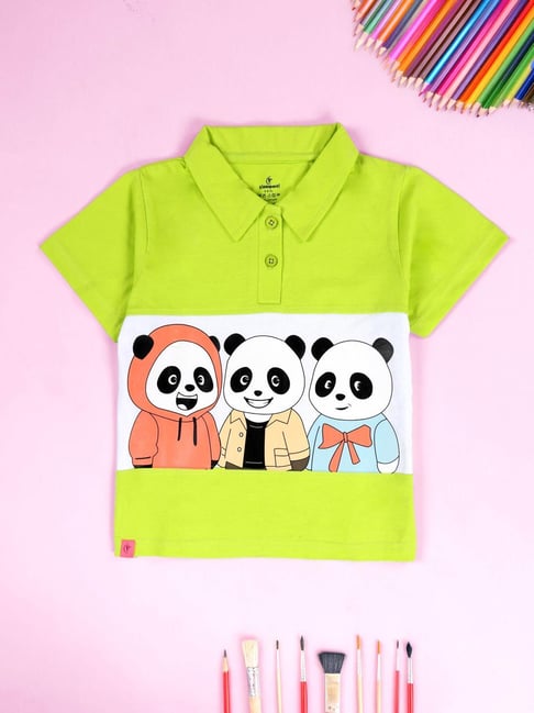 Kiddopanti Girls Neon Green Cotton Regular Fit Graphic Print T-Shirts
