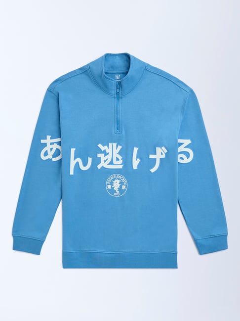 Y&F Kids by Westside Blue Cotton Three-Quarter Zip Sweatshirt