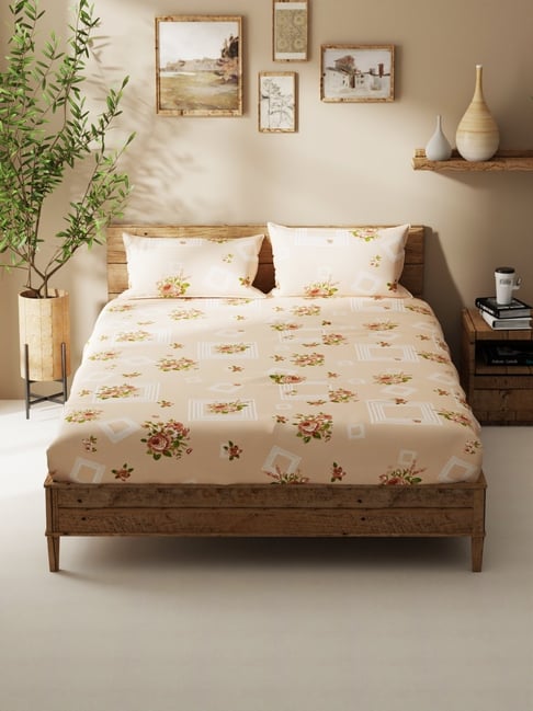 Bianca Lacasita Orange Cotton Floral 116 TC Double Flat Bedsheet with 2 Pillow Covers-picture-10
