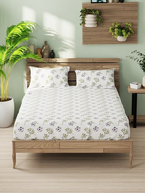 Bianca Organica Purple Cotton Floral 180 TC California King Flat Bedsheet with 2 Pillow Covers-picture-37