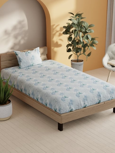 Bianca Sienna Blue Cotton Floral 144 TC Single Flat Bedsheet with 1 Pillow Cover-picture-13