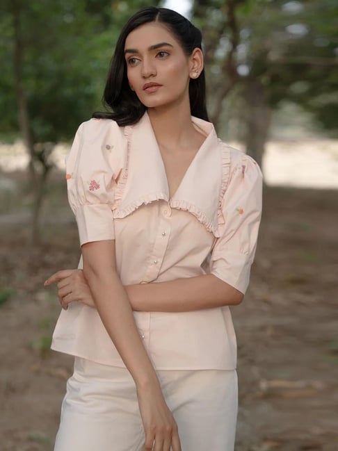 mai india MAI¿India Powder Pink Cotton Relaxed Fit Hand Embroidery Shirt-picture-17