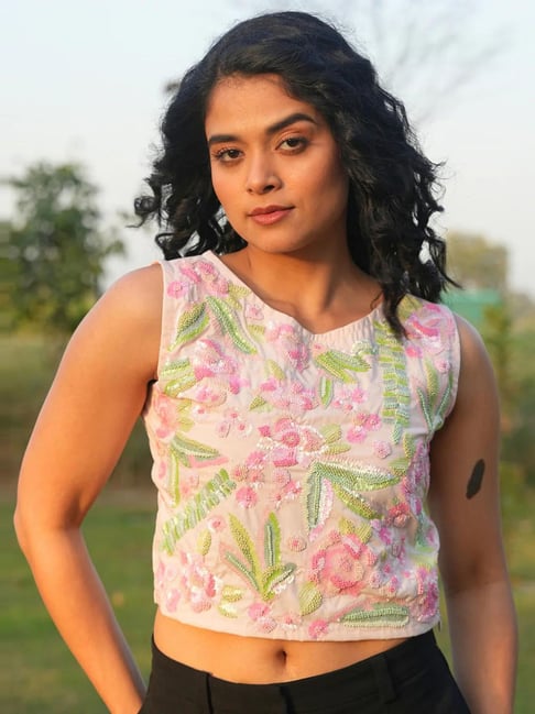 MAI India Powder Pink Cotton Relaxed Fit Hand Embroidery Tops & Tunic