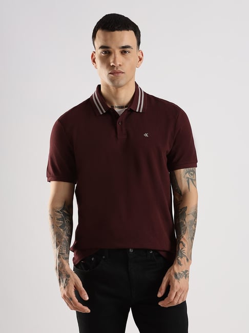 Calvin Klein Jeans Maroon Cotton Regular Fit Polo T-Shirt