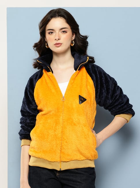 Aarika Yellow and Navy Blue Regular Fit Fur Jacket-picture-41