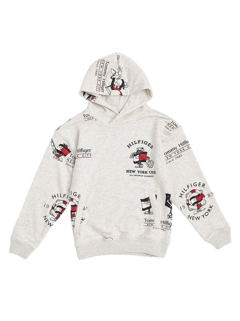 Tommy Hilfiger Kids Grey Cotton Relaxed Fit Logo Printed Hooded Sweatshirt-picture-24