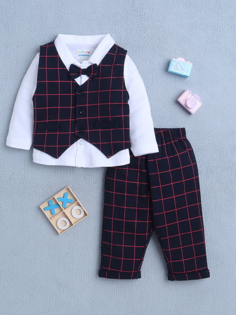 Bumzee Boys White & Navy Cotton Chequered Regular Fit Clothing Set