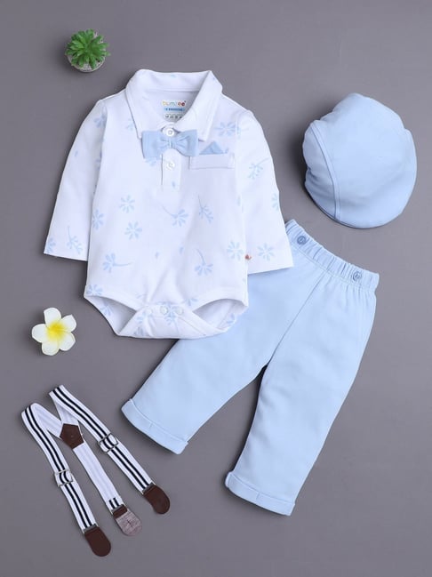 Bumzee Boys Powder Blue & White Cotton Regular Fit Floral Print Clothing Set