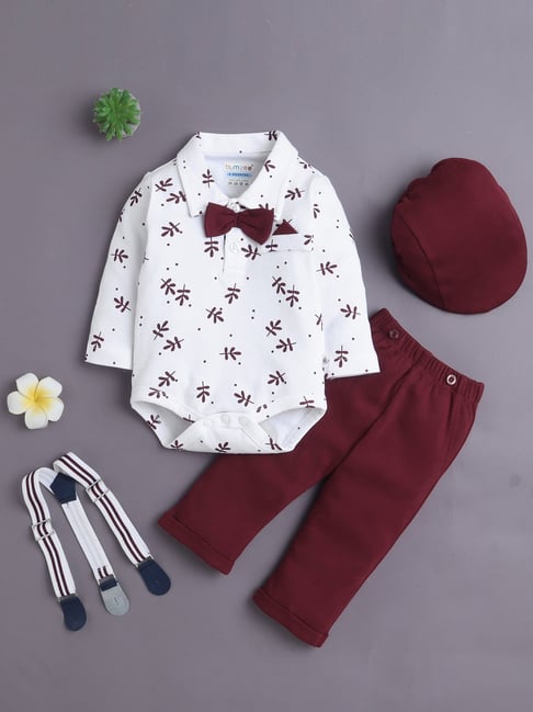 Bumzee Boys White & Maroon Cotton Regular Fit Floral Print Clothing Set