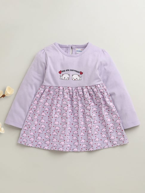 Bumzee Girls Lavender Cotton Printed Regular Fit Dress