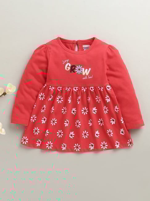 Bumzee Girls Pink Cotton Regular Fit Floral Print Dress