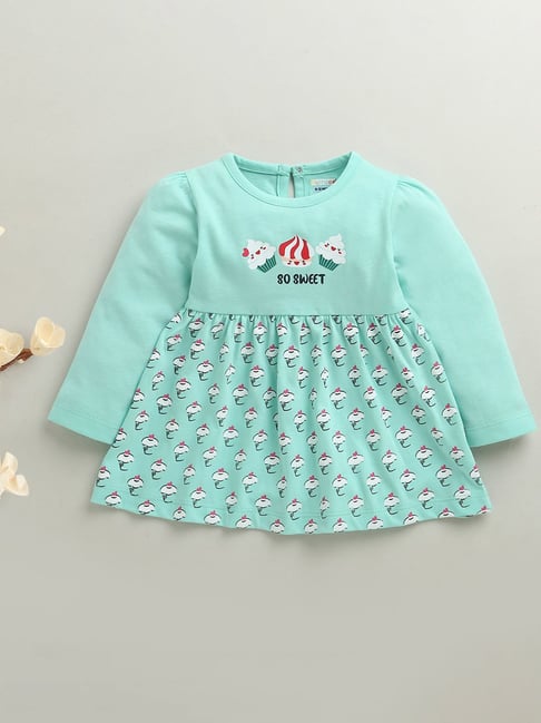Bumzee Girls Mint Green Cotton Graphic Print Regular Fit Dress