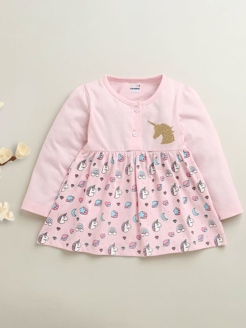 Bumzee Girls Pink Cotton Printed Regular Fit Dress