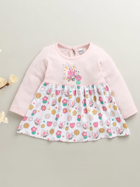 Bumzee Girls Pink & White Cotton Printed Regular Fit Dress