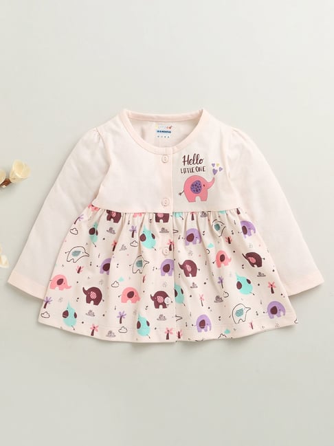 Bumzee Girls Peach Cotton Printed Regular Fit Dress