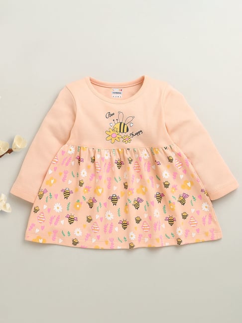 Bumzee Girls Peach Cotton Printed Regular Fit Dress