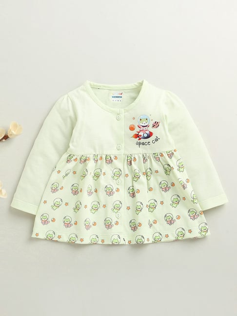 Bumzee Girls Light Green Cotton Printed Regular Fit Dress