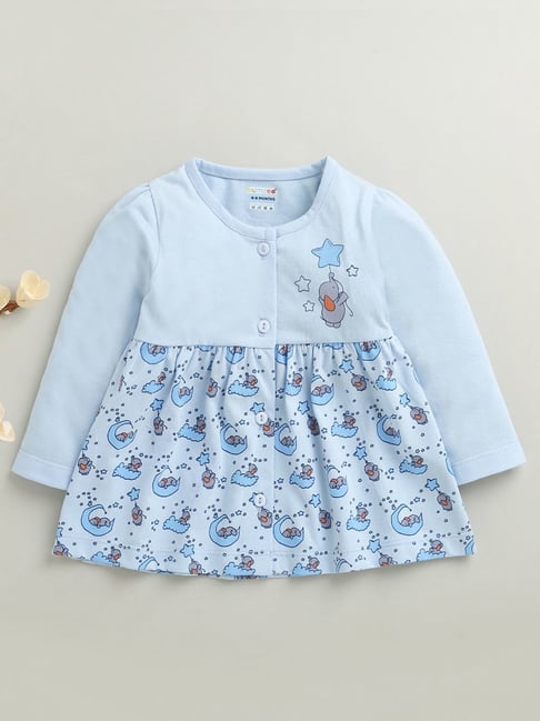 Bumzee Girls Sky Blue Cotton Printed Regular Fit Dress
