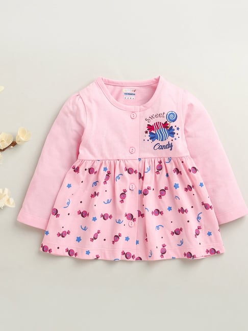 Bumzee Girls Pink Cotton Graphic Print Regular Fit Dress