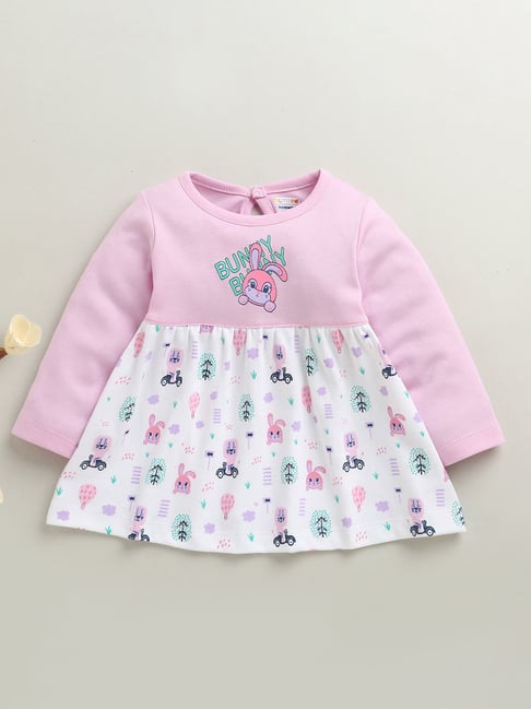 Bumzee Girls Lilac & White Cotton Graphic Print Regular Fit Dress