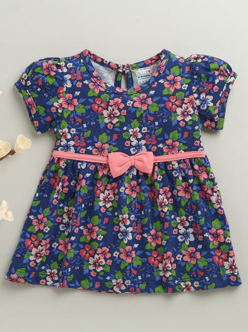 Bumzee Girls Navy Cotton Regular Fit Floral Print Dress