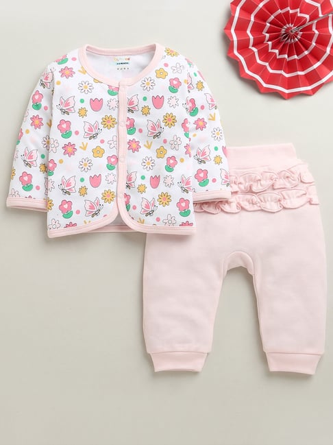 Bumzee Girls Pink & White Cotton Regular Fit Floral Print Clothing Set