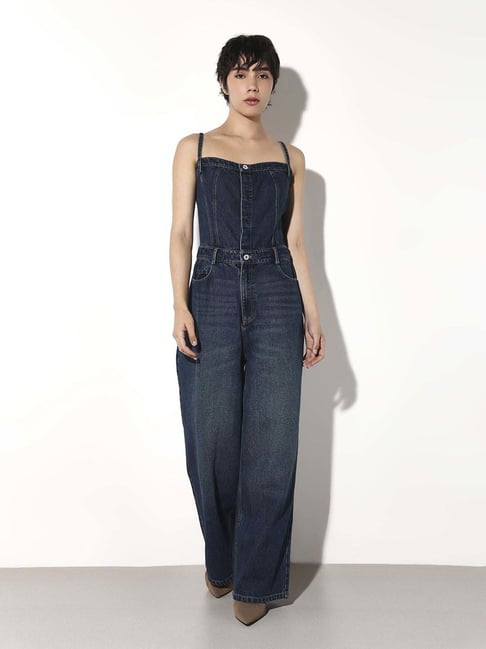 Only Dark Blue Denim Cotton Regular Fit Jumpsuit