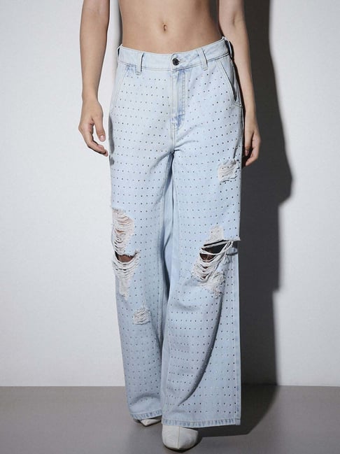 Only Light Blue Denim Cotton Straight Fit Distressed Jeans