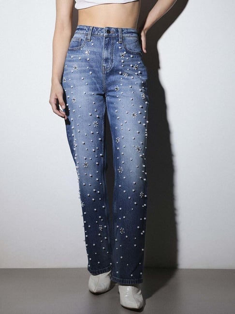 Only Medium Blue Denim Cotton Straight Fit Embellished Jeans - Main Image
