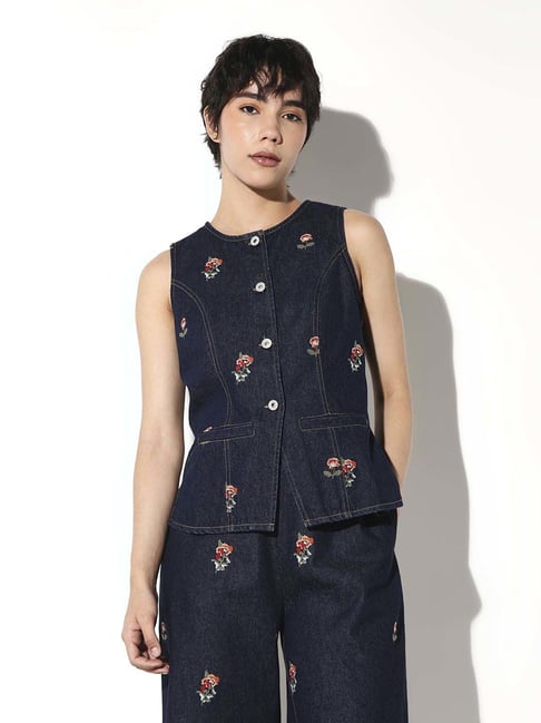 Only Dark Blue Denim Cotton Regular Fit Embroidered Top