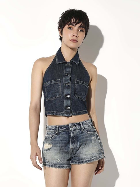 Only Medium Blue Denim Cotton Regular Fit Top