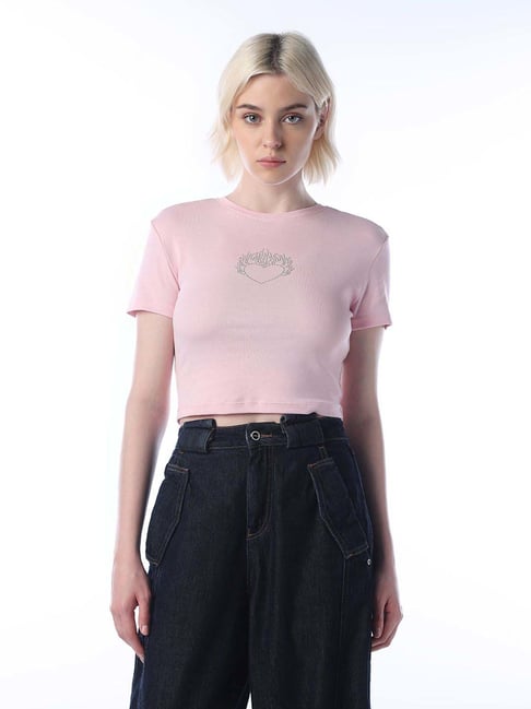 Only Pink Cotton Slim Fit Embellished T-Shirt-picture-23