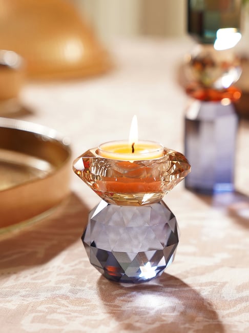 Pure Home and Living Amber & Blue Cut Glass Crystal Candle Holder-picture-46