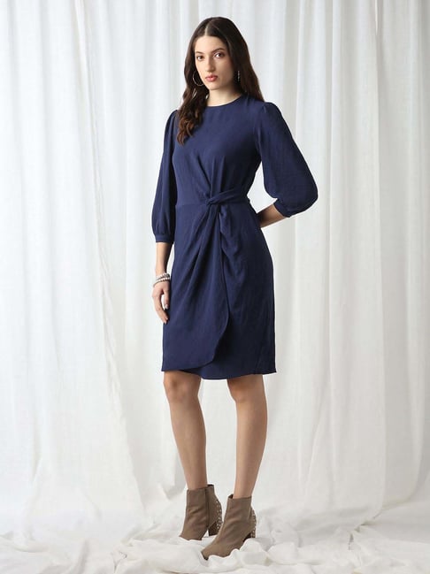 Globus Women Blue Round Neck Puff Sleeves Self Design Twisted Detail Mini Workwear Sheath Dress-picture-10