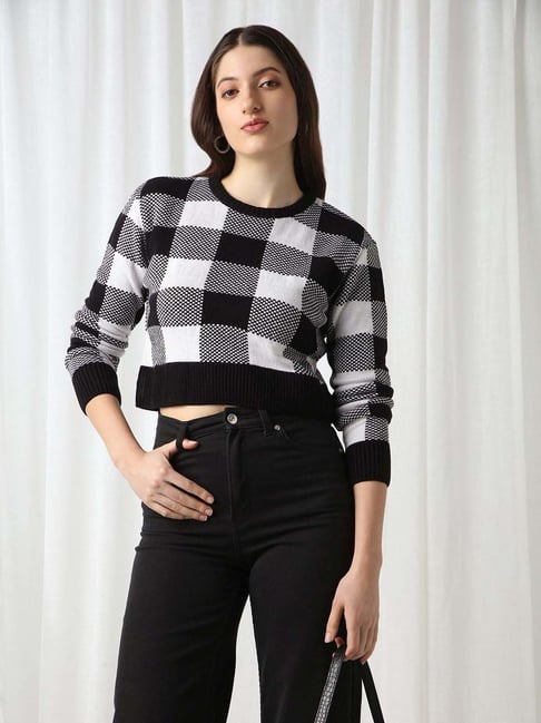 Globus Women Black Checkered Round Neck Long Sleeves Acrylic Pullover Crop Sweater-picture-45