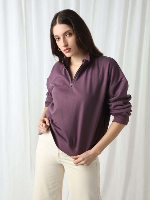 Globus Women Lavender Drop Shoulder Sleeves Half Zipper High Neck Ribbed Hem Oversized Sweatshirt-picture-45