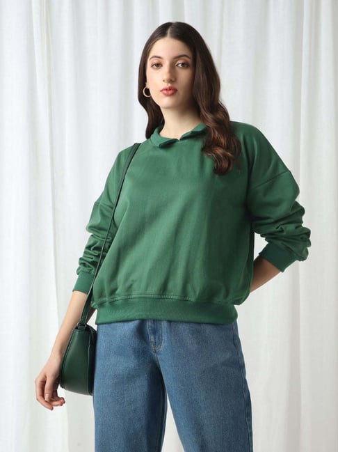 Globus Women Green Collared Neck Drop Shoulder Sleeves Ribbed Hem Oversized Sweatshirt
