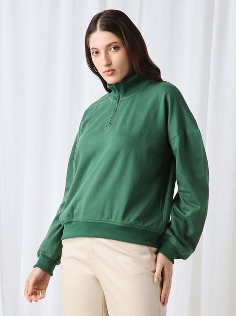 Globus Women Green Drop Shoulder Sleeves Half Zipper High Neck Ribbed Hem Oversized Sweatshirt-picture-26