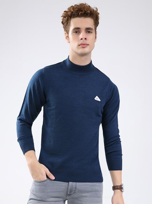 Monte Carlo Blue Solid Regular Fit Pullover-picture-21