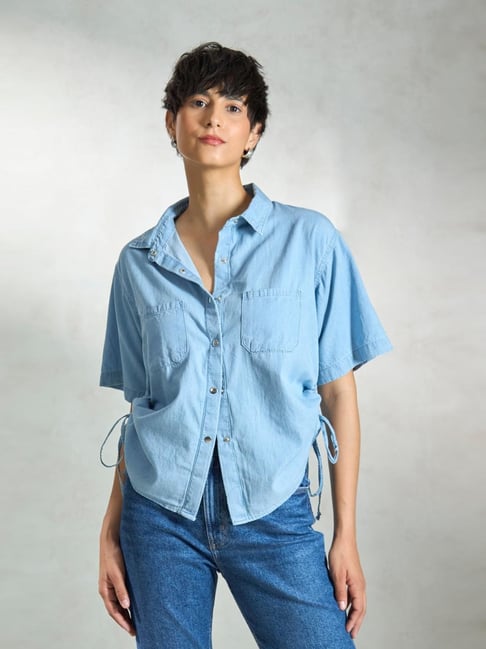 VIRGIO Light Blue Relaxed Fit Solid Shirt-picture-34