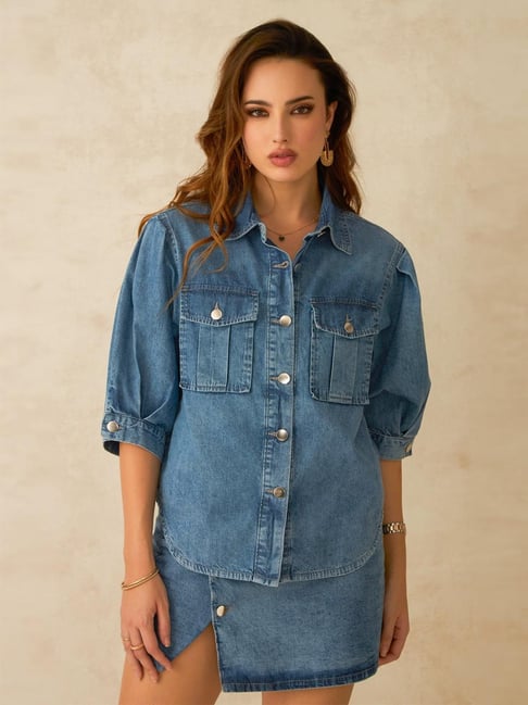 VIRGIO Light Blue Regular Fit Solid Denim Shirt-picture-16