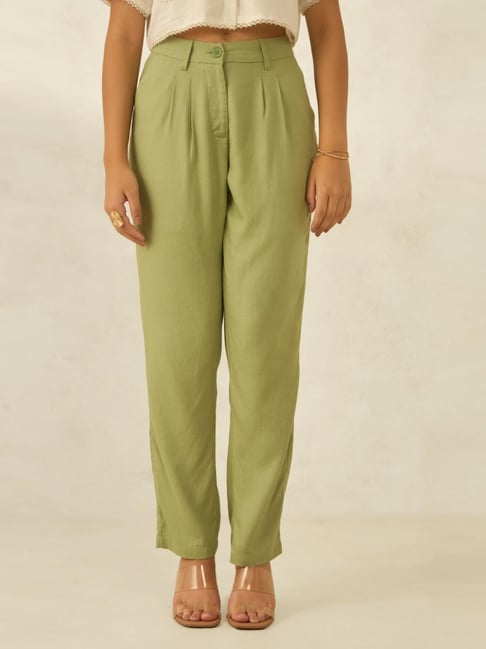 VIRGIO Olive Straight Fit Solid Trousers-picture-36