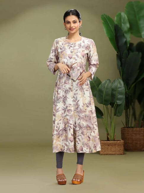 Cotton Culture Off White Viscose Rayon Floral Kurti-picture-40