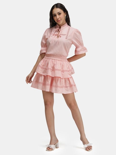 VIRGIO Peach Flared Fit Solid Dress-picture-43