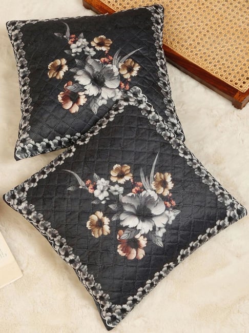 HOSTA HOMES Black Velvet Digital Floral Printed Cushion Covers - Set of 2-image-29