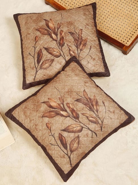 HOSTA HOMES Light Brown Velvet Digital Floral Printed Cushion Covers - Set of 2-image-30