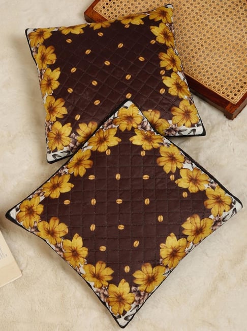 HOSTA HOMES Brown & Yellow Velvet Digital Floral Printed Cushion Covers - Set of 2-image-14